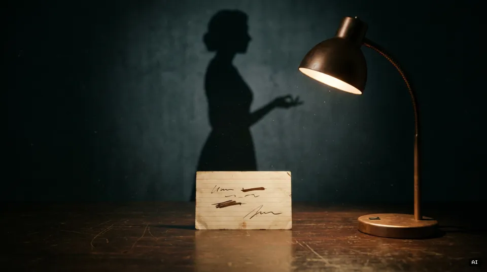 A small index card with a few handwritten lines casts the full living shadow of a woman on the wall behind it.