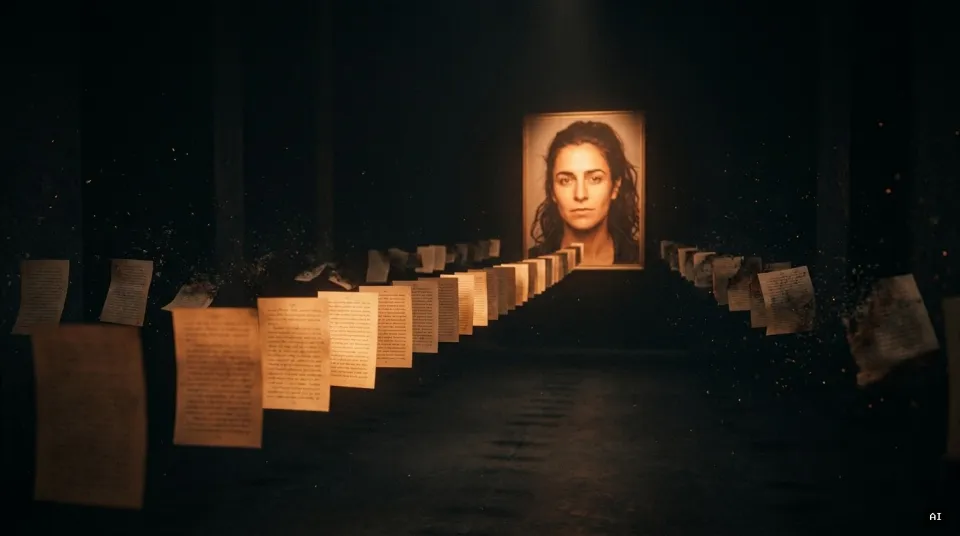 A line of glowing manuscript pages leads through a dark archive hall to a framed portrait of a woman, while the other pages dissolve into ash.