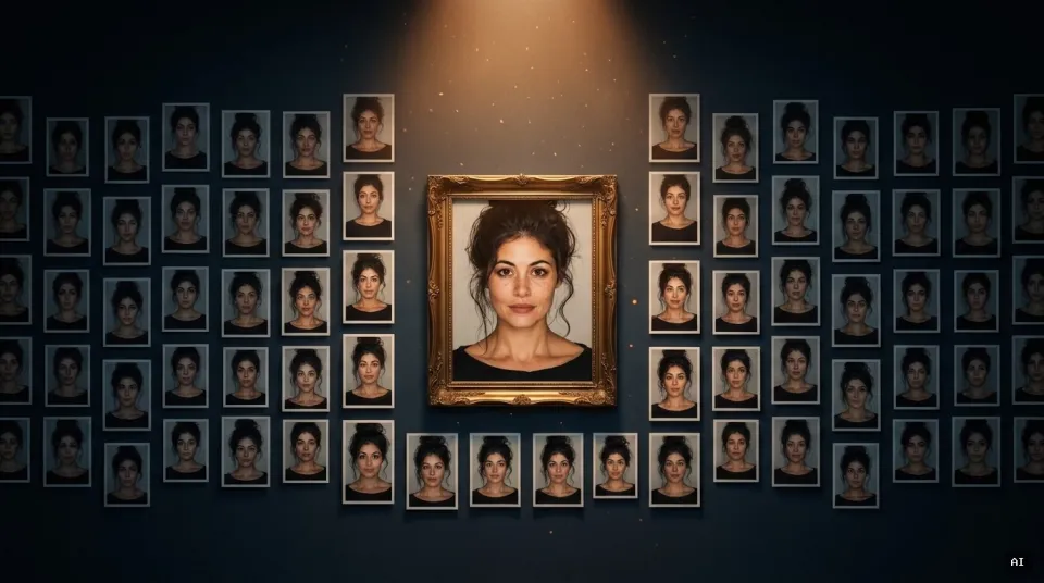 A wall of many almost-identical portraits of the same woman in cool shadow, with her one true portrait sharp and warmly lit in a brass frame.