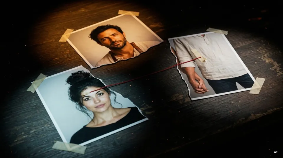 A photograph of a couple torn into three pieces, each piece taped down in its own pool of light, joined by a thin red thread.