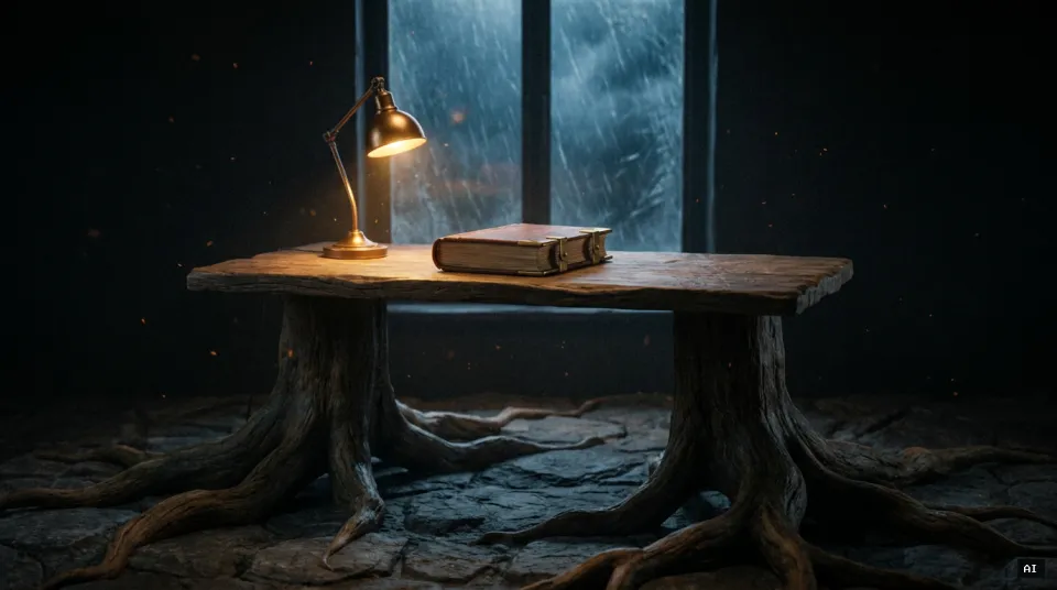 A heavy writing desk whose legs grow into roots fused with the stone floor, a bound manuscript under a warm lamp, a storm blurred outside.
