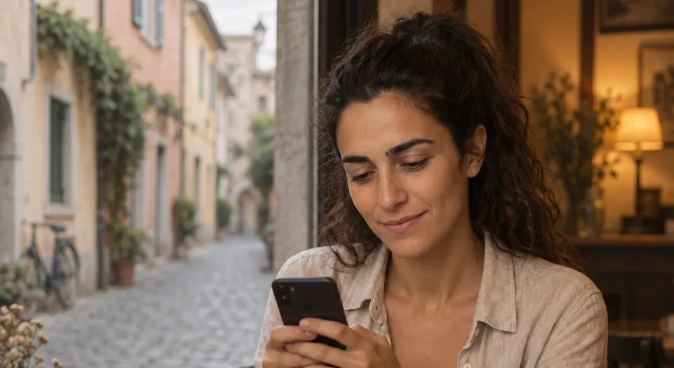 A woman sits by a cafe window in a small European old town, reading her phone with a quiet smile.