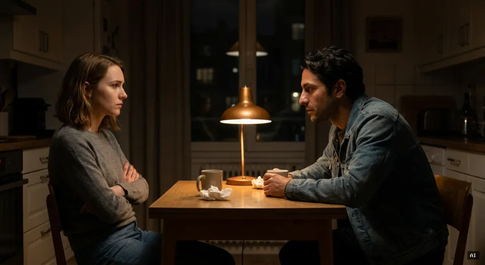 A man and a woman sit across a small kitchen table late at night after an argument, a single warm lamp between them.